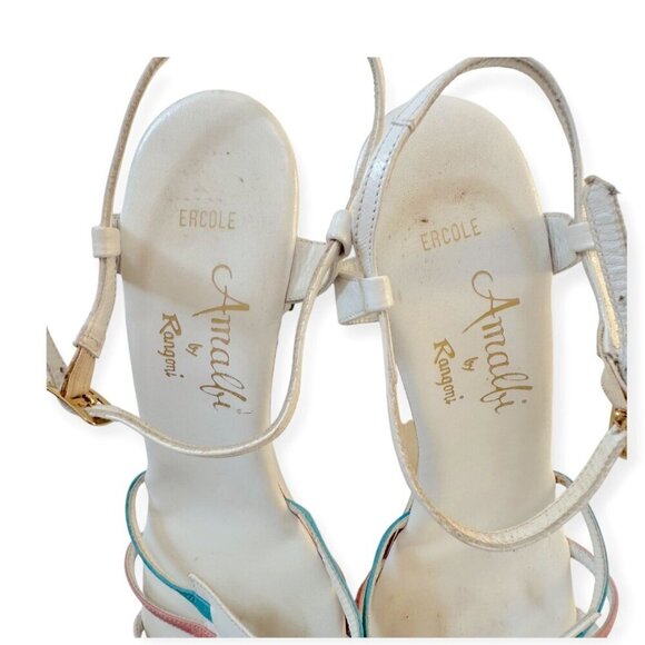 Vintage Amalfi Rangoni Sandals White Multi Strap Italy Block Heels, V-Cut Heels - Picture 9 of 11